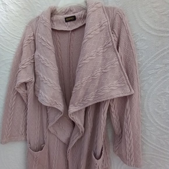 Rose Mauve Cable Knit (look) Long Duster Sweater Cardigan By REBORN LG (T-358) - Picture 5 of 12